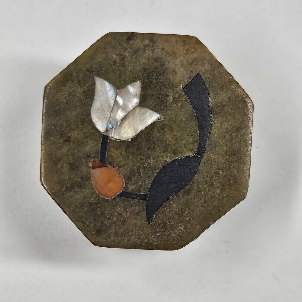 Soapstone Stone Inlaid Trinket Box Octagon Vintage India